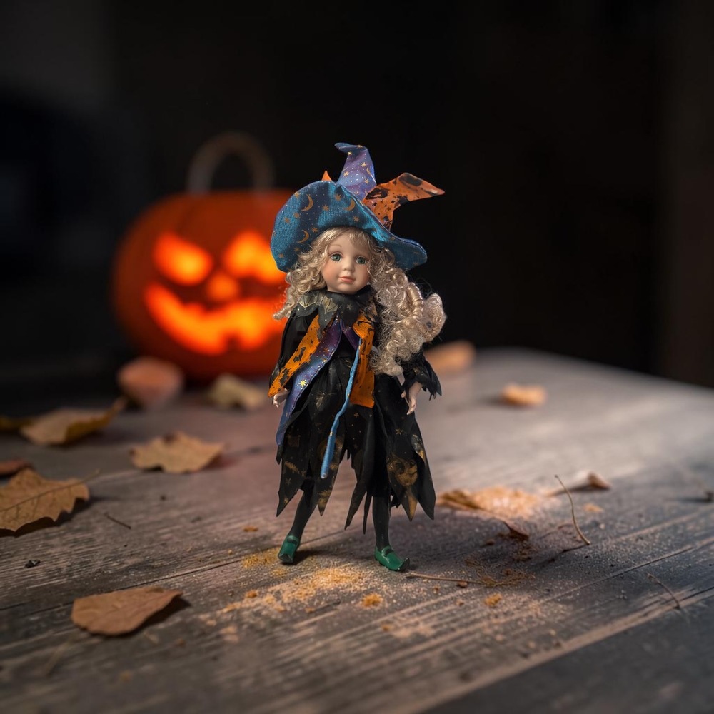 Vintage Style Porcelain Halloween Witch Doll Celestial Stars Moon 16 Inch